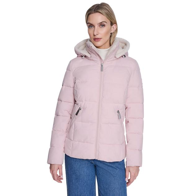 Womens Kenneth Cole® Short Stretch Puffer Coat with Fleece Hood