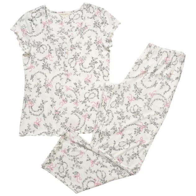 Womens Laura Ashley® Short Sleeve Ribbed Bow Toile Pajama Set