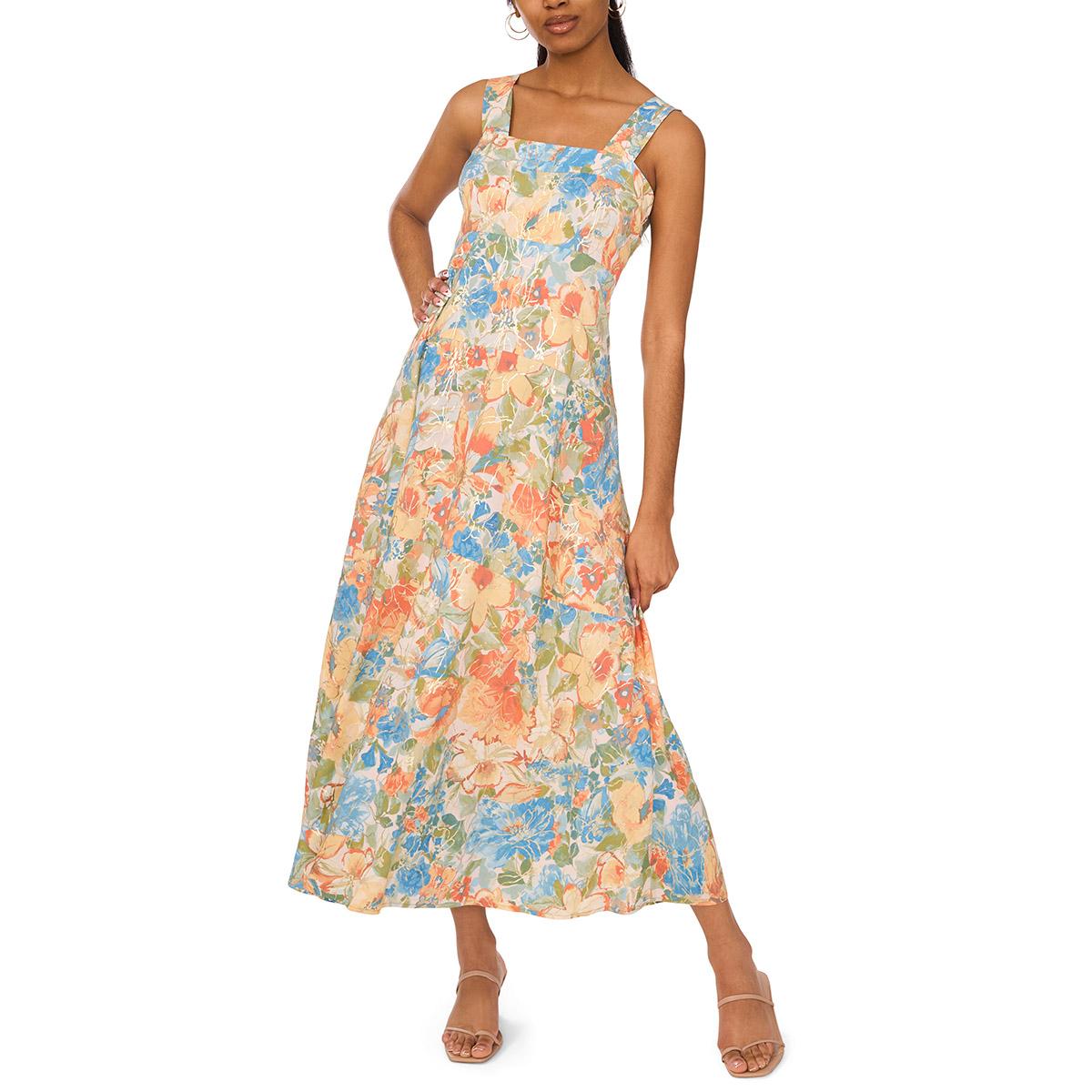 Womens MSK Sleeveless Smock Back Foil Floral Challis Midi Dress
