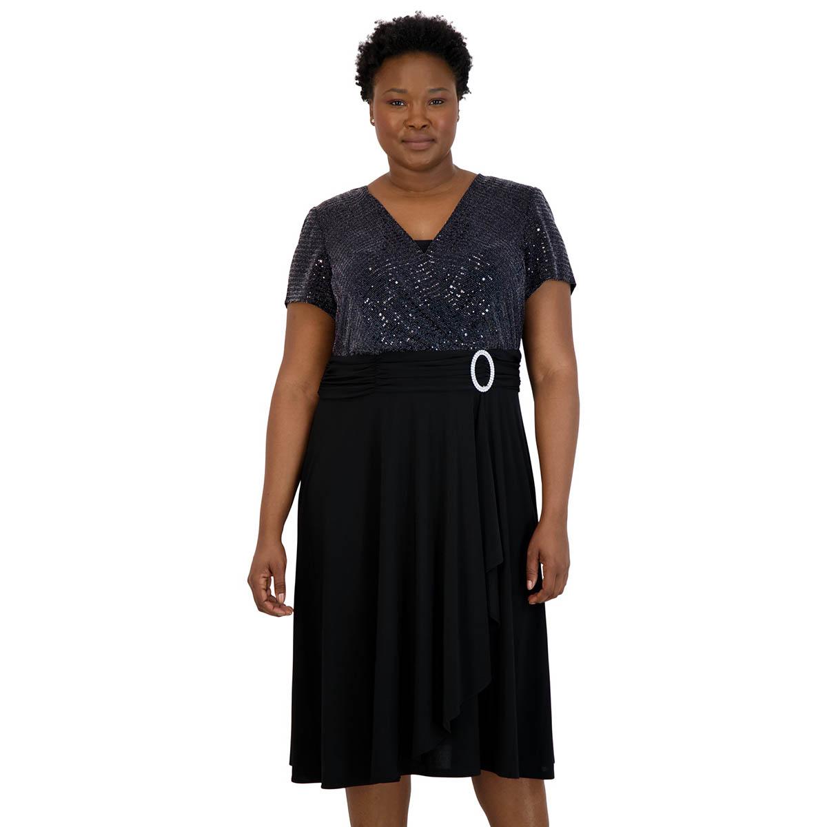 Plus Size R&M Richards Rhinestone Buckle Glitter Wrap Dress