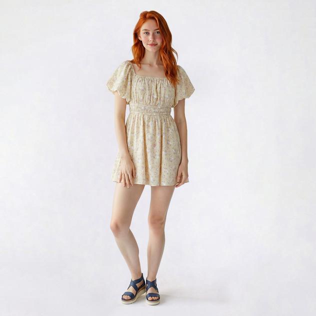 Juniors No Comment Puff Sleeve Skater Dress - Watercolor Rose
