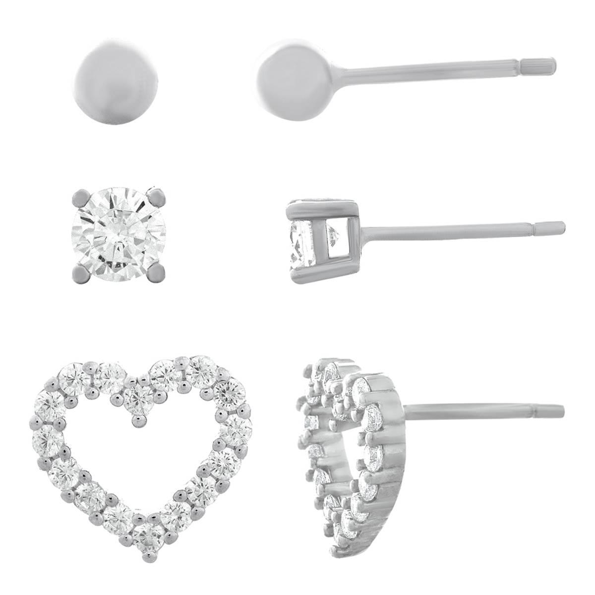 Forever New Sterling Silver Ball, CZ Stud, and Heart Earring Set