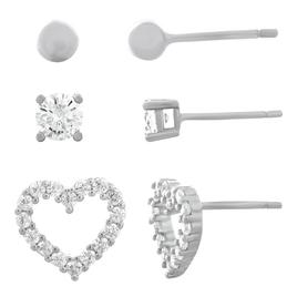 Forever New Sterling Silver Ball, CZ Stud, and Heart Earring Set