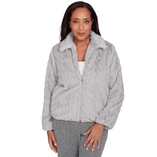 Womens Alfred Dunner Jet Setter Faux Fur Zip Up Jacket