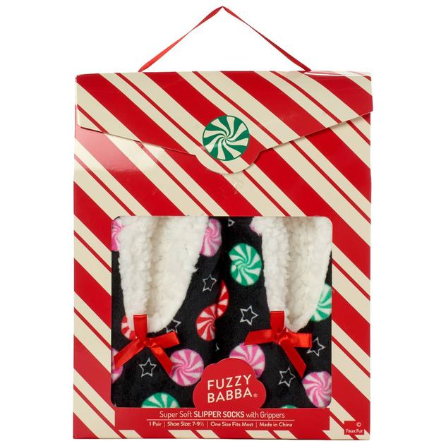 Womens Fuzzy Babba Cozy Warmer Peppermints Christmas Slippers