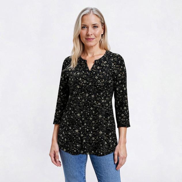 Womens Napa Valley 3/4 Sleeve Small Floral Pleat Henley Blouse