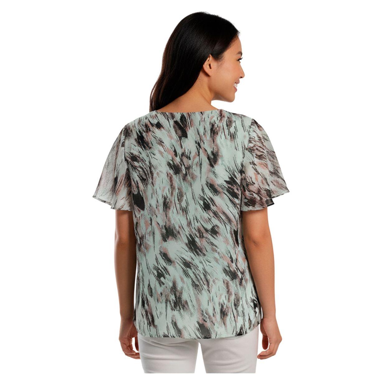 Womens Kasper Short Flutter Sleeve Blurred Brushstroke Blouse