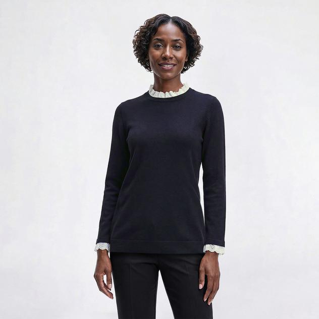 Womens Kasper Long Sleeve Ruffle Lace Neck Sweater