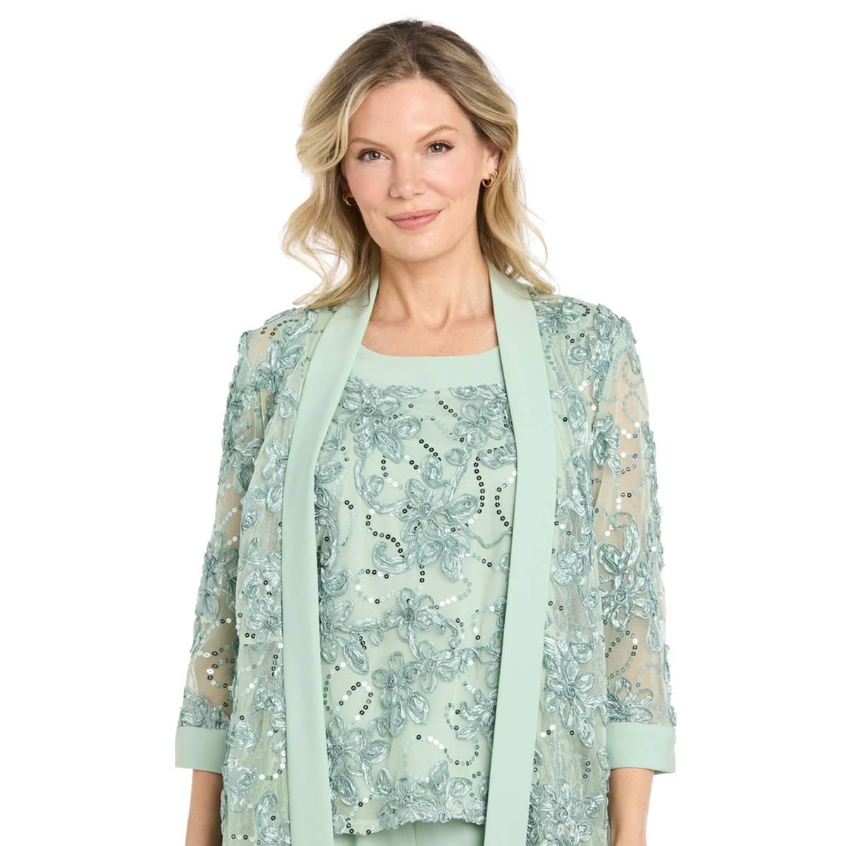 Womens R&M Richards 3/4 Sleeve Floral Embroidered 3pc. Pant Set