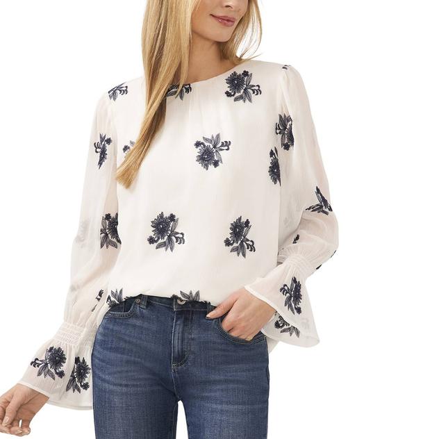 Womens Cece Smocked Cuff Long Sleeve Floral Blouse