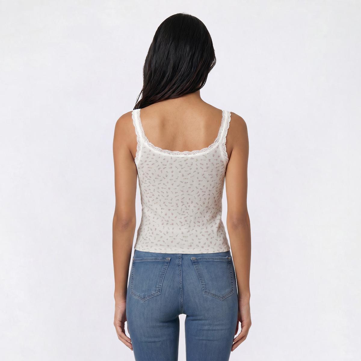 Juniors Pink Rose Print Thermal Lace Trim Henley Tank Top