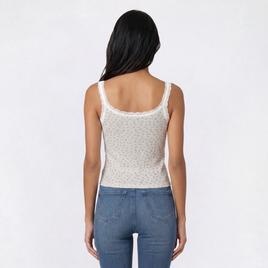 Juniors Pink Rose Print Thermal Lace Trim Henley Tank Top