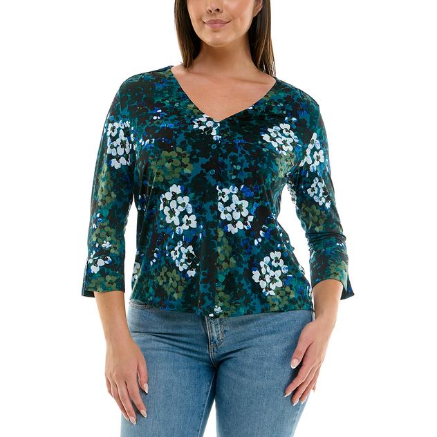 Womens Zac & Rachel 3/4 Sleeve Pleat Abstract Floral Blouse