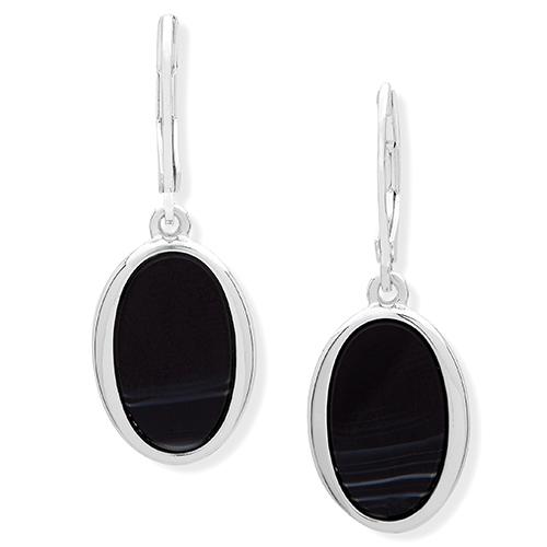 Nine West Oval Opulence Silver-Tone & Black Drop Earrings