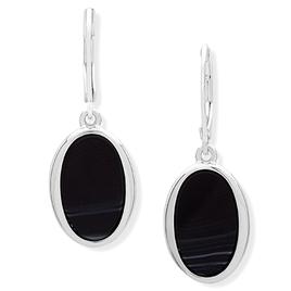 Nine West Oval Opulence Silver-Tone & Black Drop Earrings