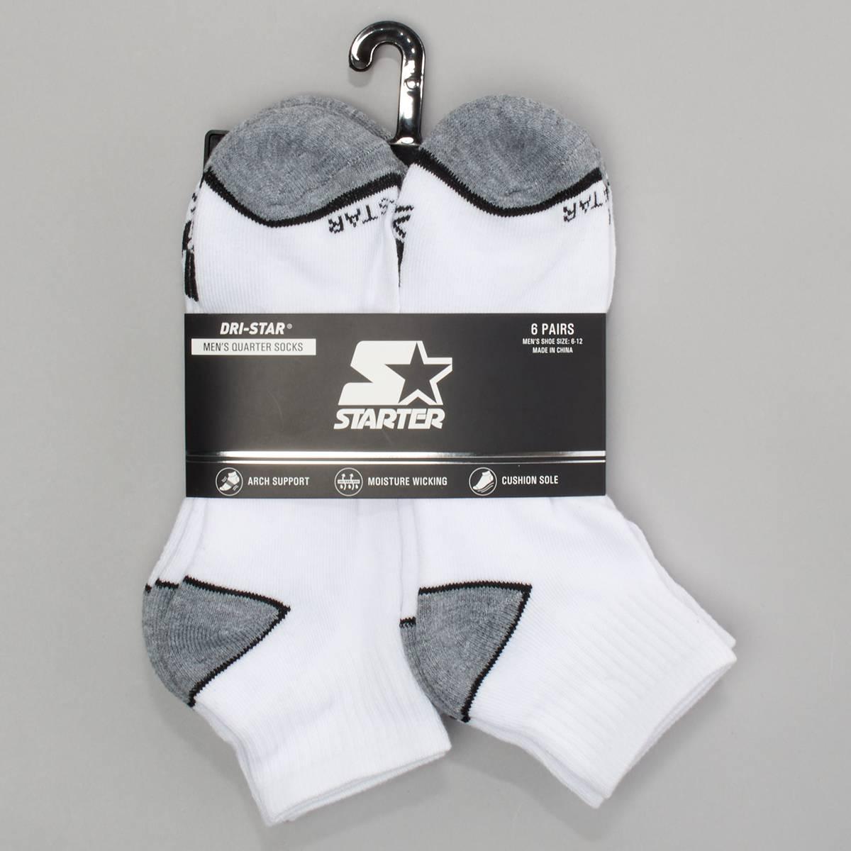 Mens Starter 6 Pk Heel & Toe Stripes Quarter Socks - White