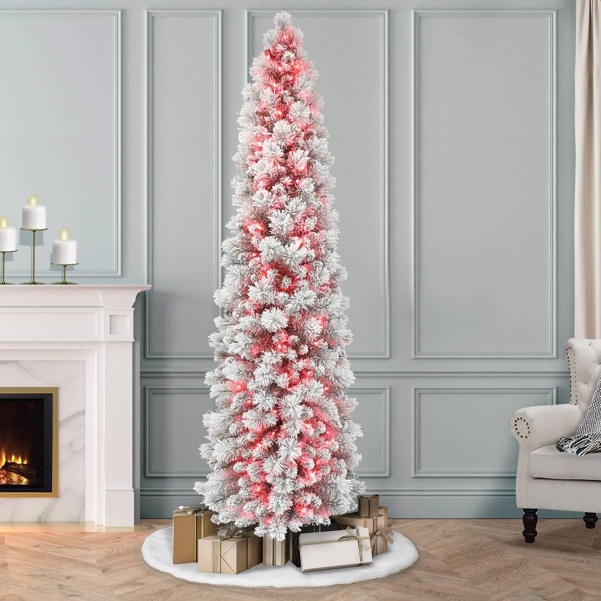 Puleo International 7.5ft. Red Pre-Lit Flocked Christmas Tree
