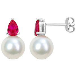 Gemstone Classics(tm) Freshwater Pearl & Created Ruby Stud Earrings