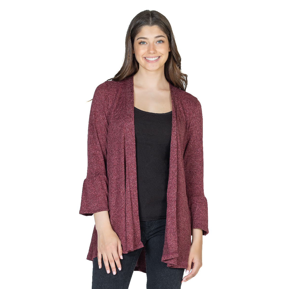 Womens 24/7 Comfort Apparel Knit 3/4 Bell Sleeve Open Cardigan