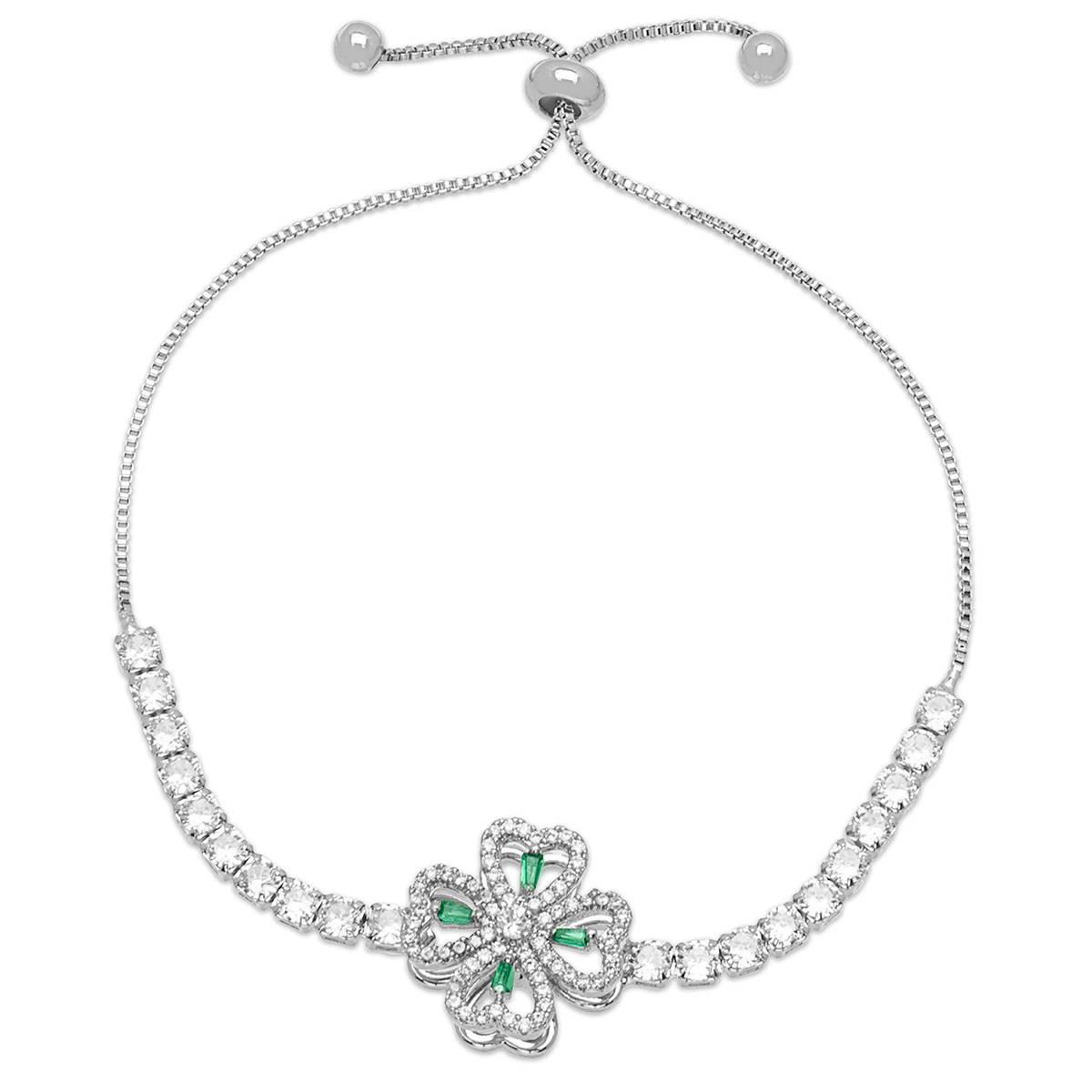 Silver Plated Lab Grown Green Clover Spinner Adjustable Bracelet