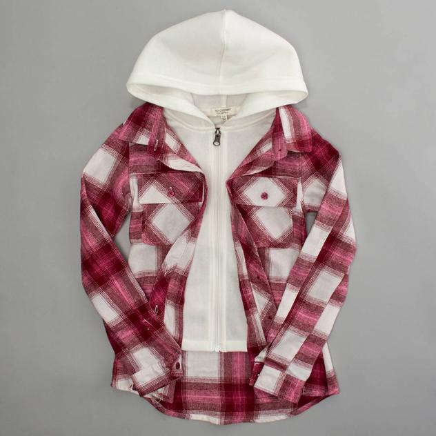 Girls (7-16) No Comment Long Sleeve 2Fer Hooded Flannel Top