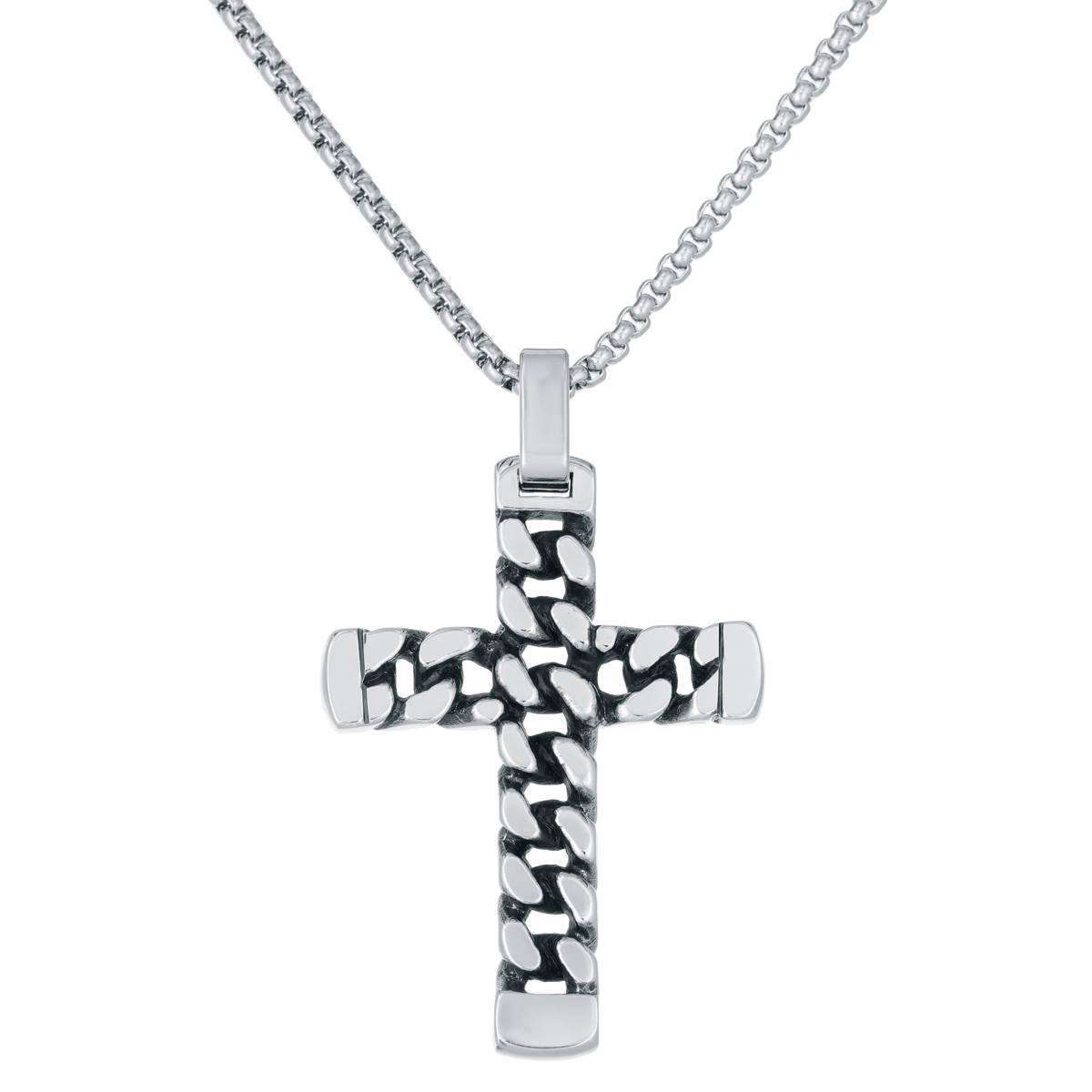 Mens Lynx Stainless Steel 24in. Curb Chain Design Cross Pendant