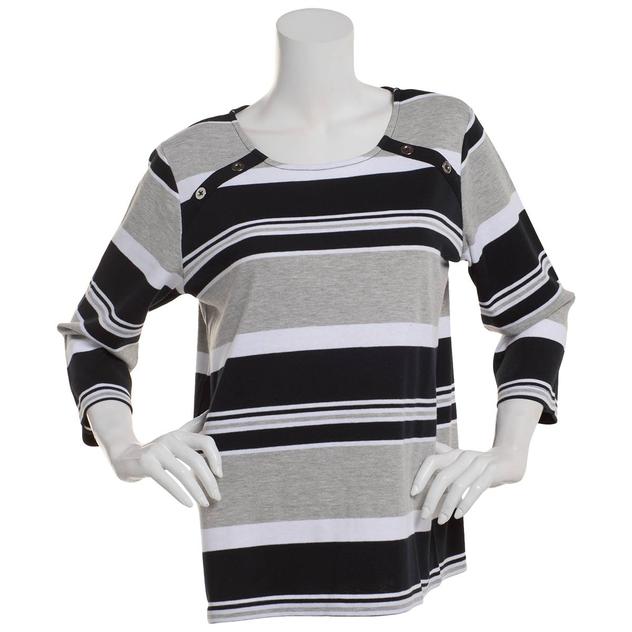Plus Size Hasting & Smith 3/4 Sleeve Striped Crew Top w/Buttons