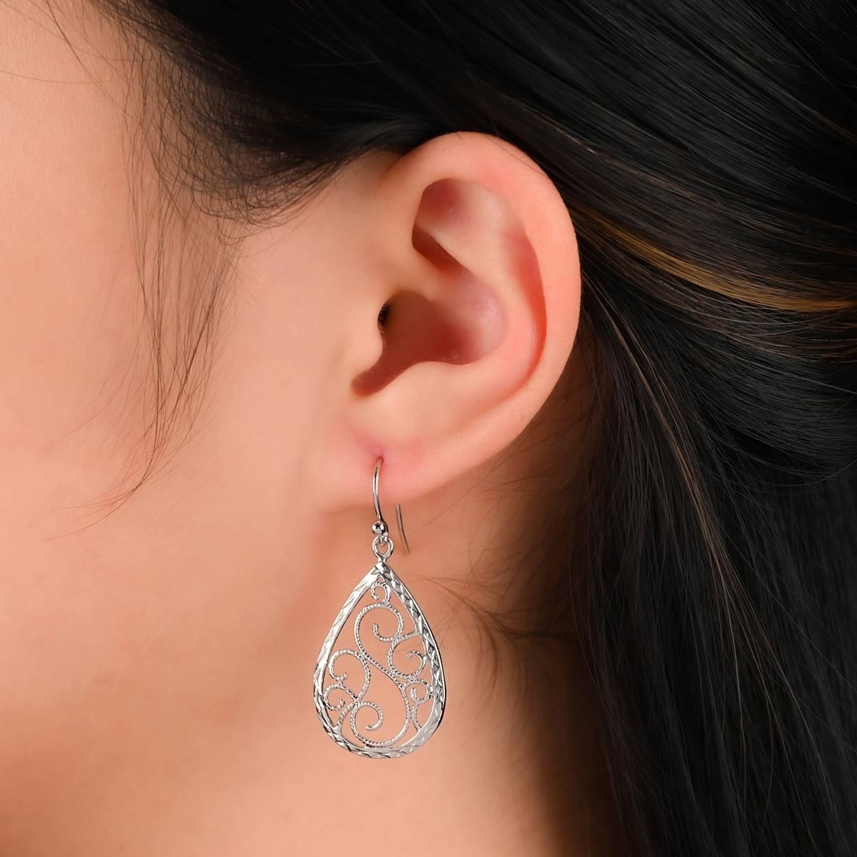 Forever New Sterling Silver Filigree Pear Shape Dangle Earrings