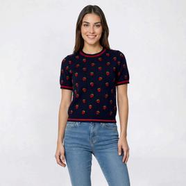 Womens Adrianna Papell Short Sleeve Cherry Crew Neck Sweater