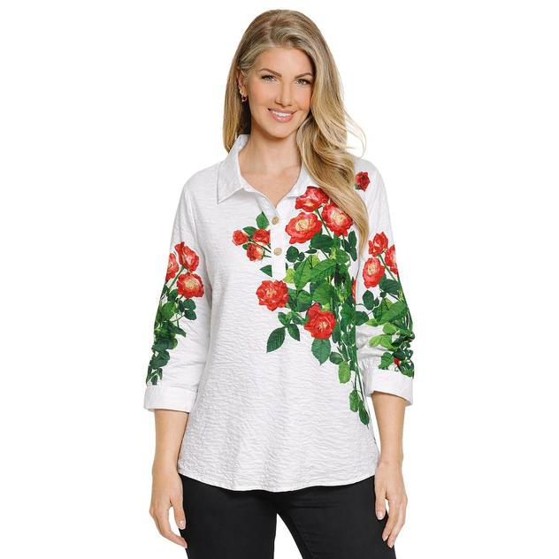 Womens Ali Miles 3/4 Sleeve Textured Rose Floral Blouse