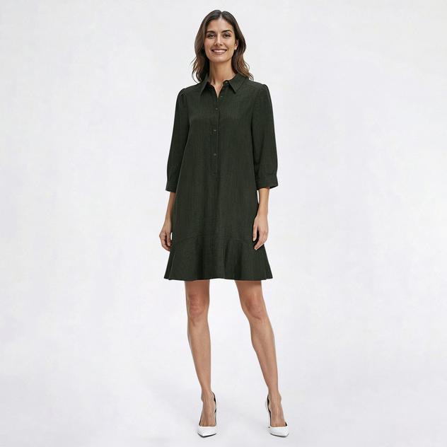 Womens Emma & Michele 3/4 Sleeve Cross Hatch Ruffled Shirtdress