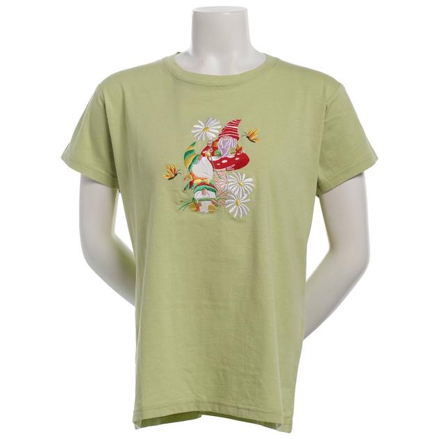 Womens Top Stitch by Morning Sun Floral Butterfly Gnomes Tee