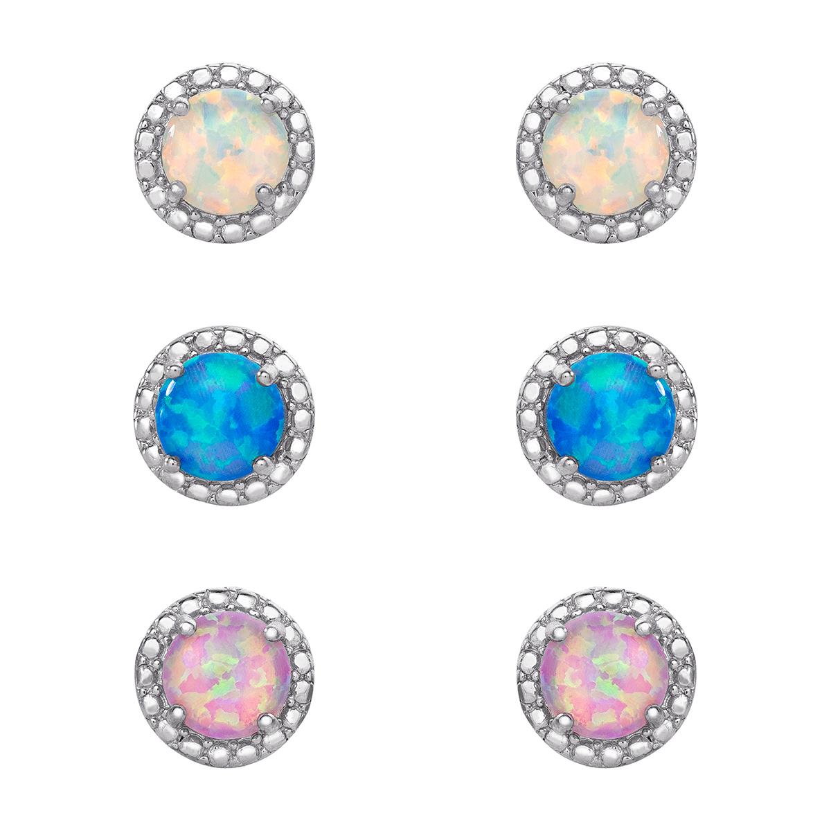 Set of 3 Sterling Silver & Multi Color Opal Stud Earrings