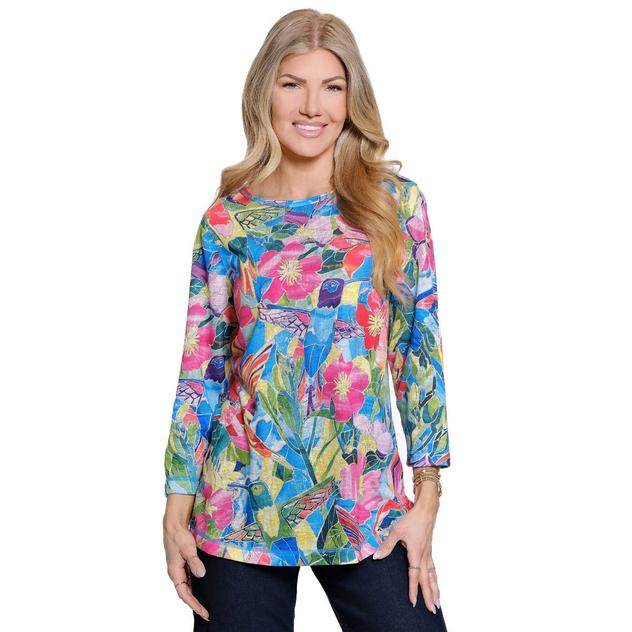 Petite Ali Miles 3/4 Sleeve Floral Hummingbird Blouse