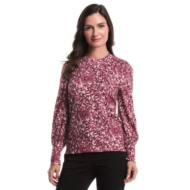 Womens Rafaella® Crew Neck Puff Sleeve Floral Paisley Blouse