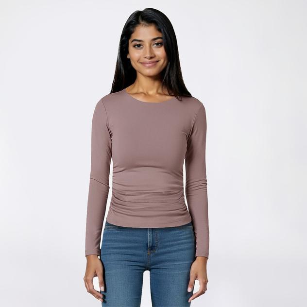 Juniors Pink Rose Long Sleeve Double Layer Crew Neck Ruched Tee