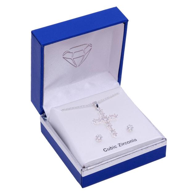 Silver-Tone CZ Cross Pendant & CZ Round Earrings Set
