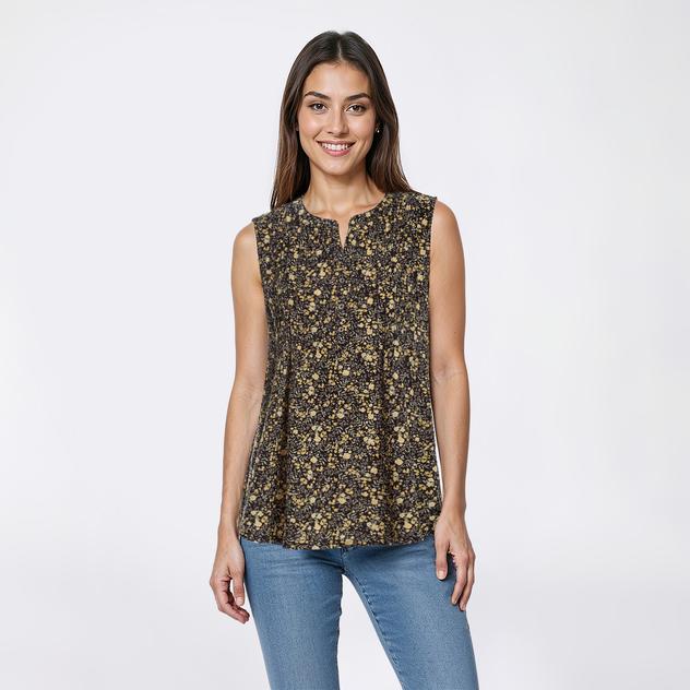 Womens Napa Valley Sleeveless Ditsy Floral Pleat Henley Blouse