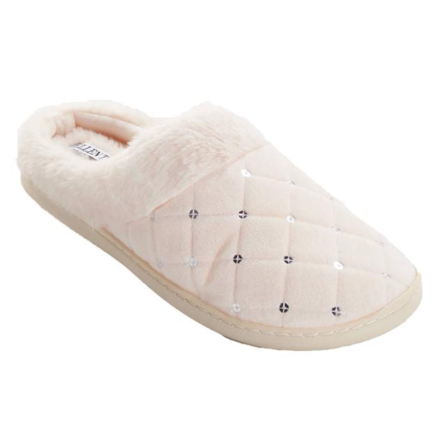 Womens Ellen Tracy Quilted Sequin Clog Slippers w/Faux Fur Collar