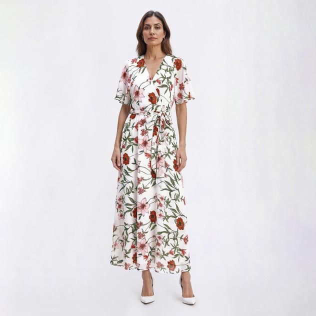 Womens Sandra Darren Floral Chiffon Surplice Neck Maxi Dress