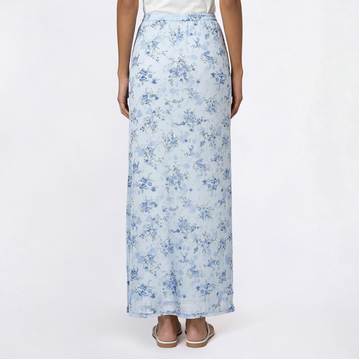 Juniors Pink Rose Print Mesh Rosette Midi Skirt- Floral