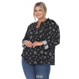 Plus Size White Mark Pleated Long Sleeve Leaf  Blouse
