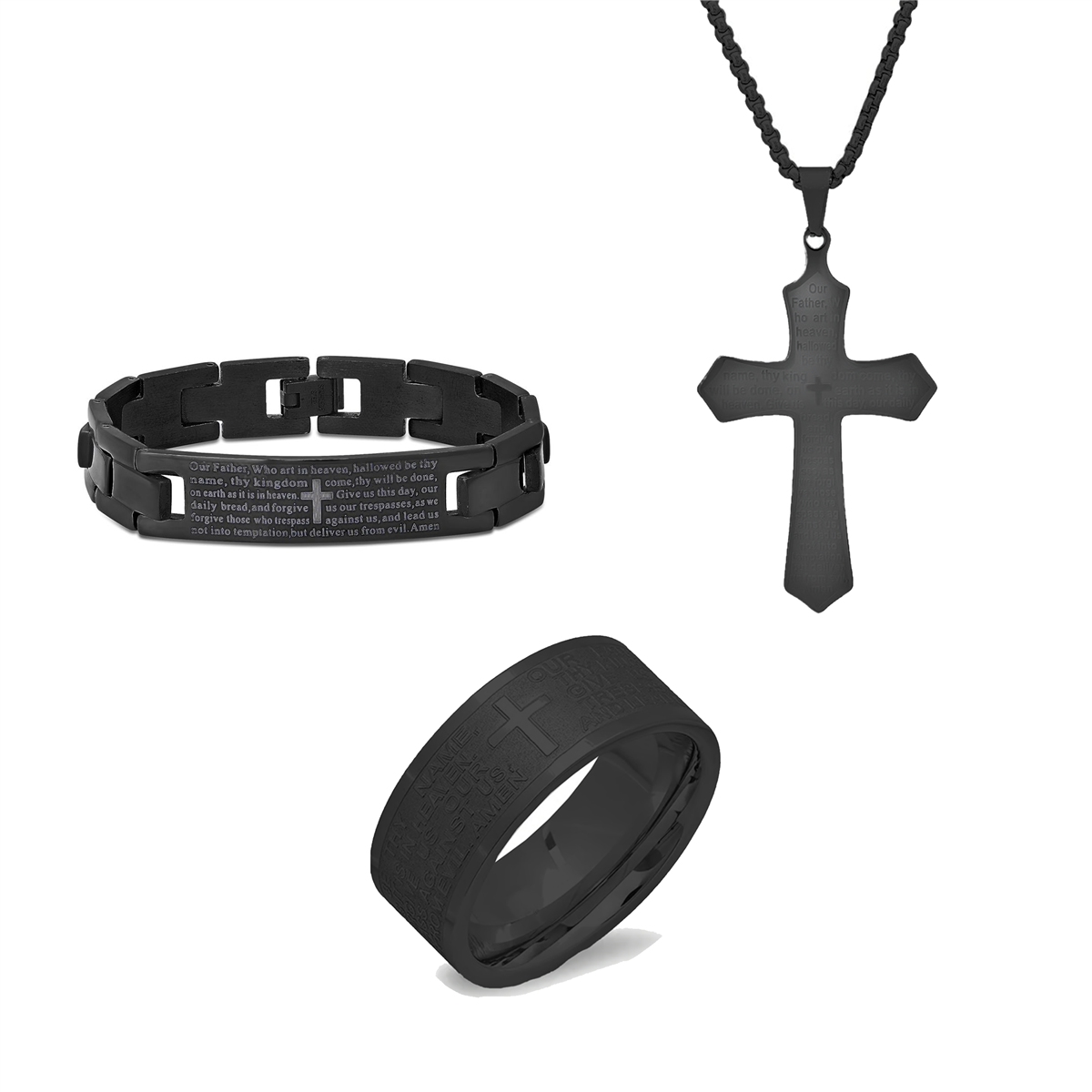 Mens Iron Saints Faith Black Lords Prayer Engraved 3pc. Set