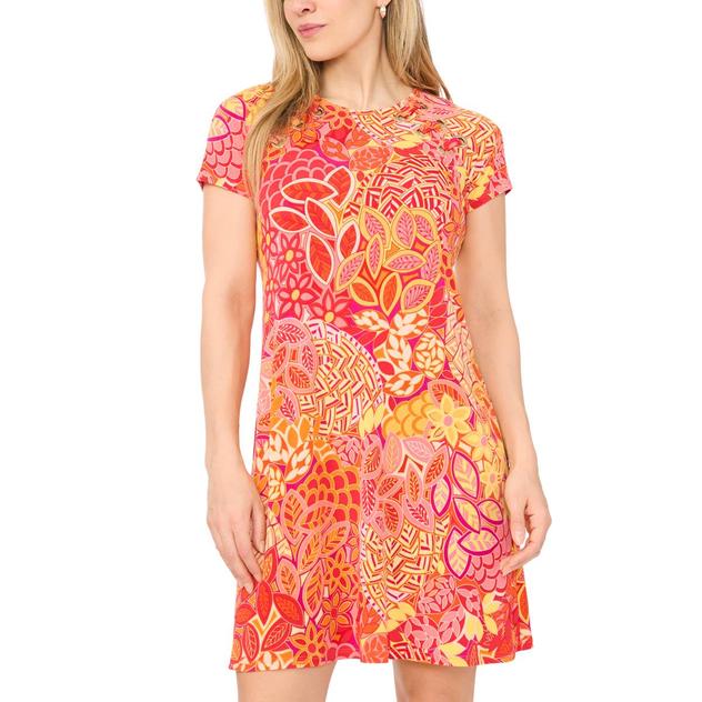 Petite MSK Short Sleeve Floral Grommet Trim A-Line Dress