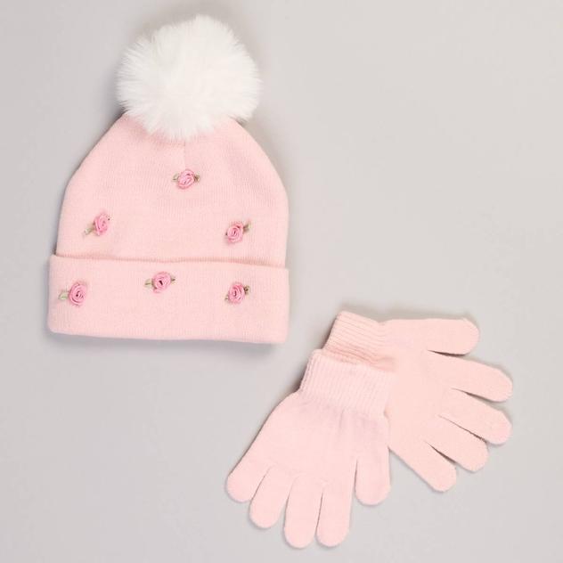 Girls (7-16) Capelli® New York Satin Roses Pom Beanie W/ Gloves