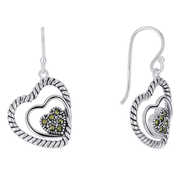 Marsala Silver Plated Marcasite Heart Drop Earrings