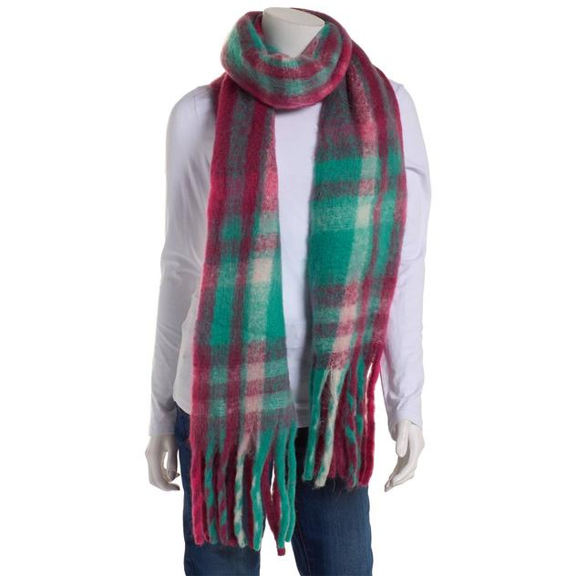 Womens Renshun Striped Plaid Scarf with Noodle Fringes - Purple