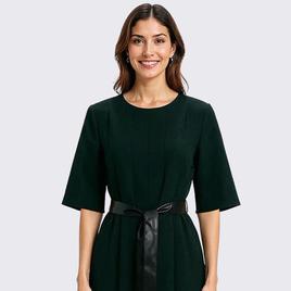 Womens Perceptions Elbow Sleeve w/ Faux Leather Belt A-Line Dress