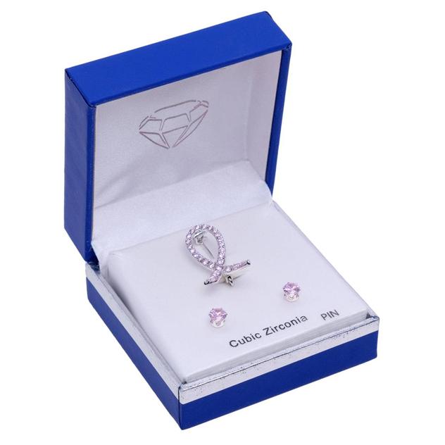 Silver-Tone CZ Pink Ribbon Pin & Earring Set