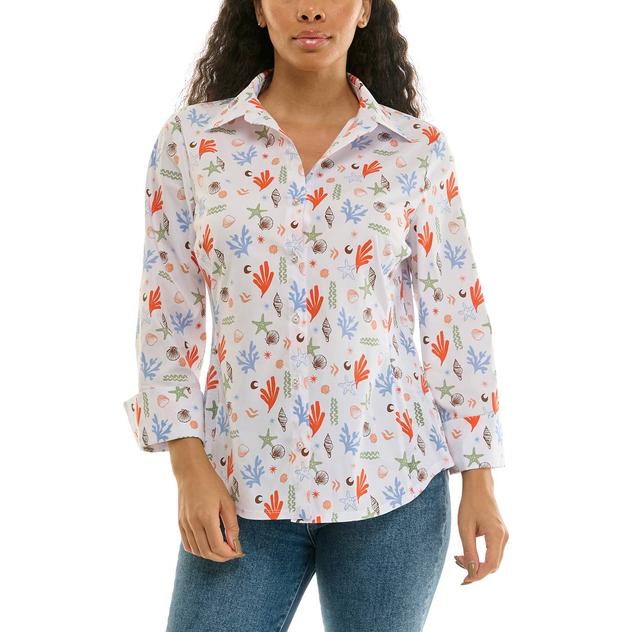 Womens Zac & Rachel 3/4 Sleeve Sea Life Casual Button Down